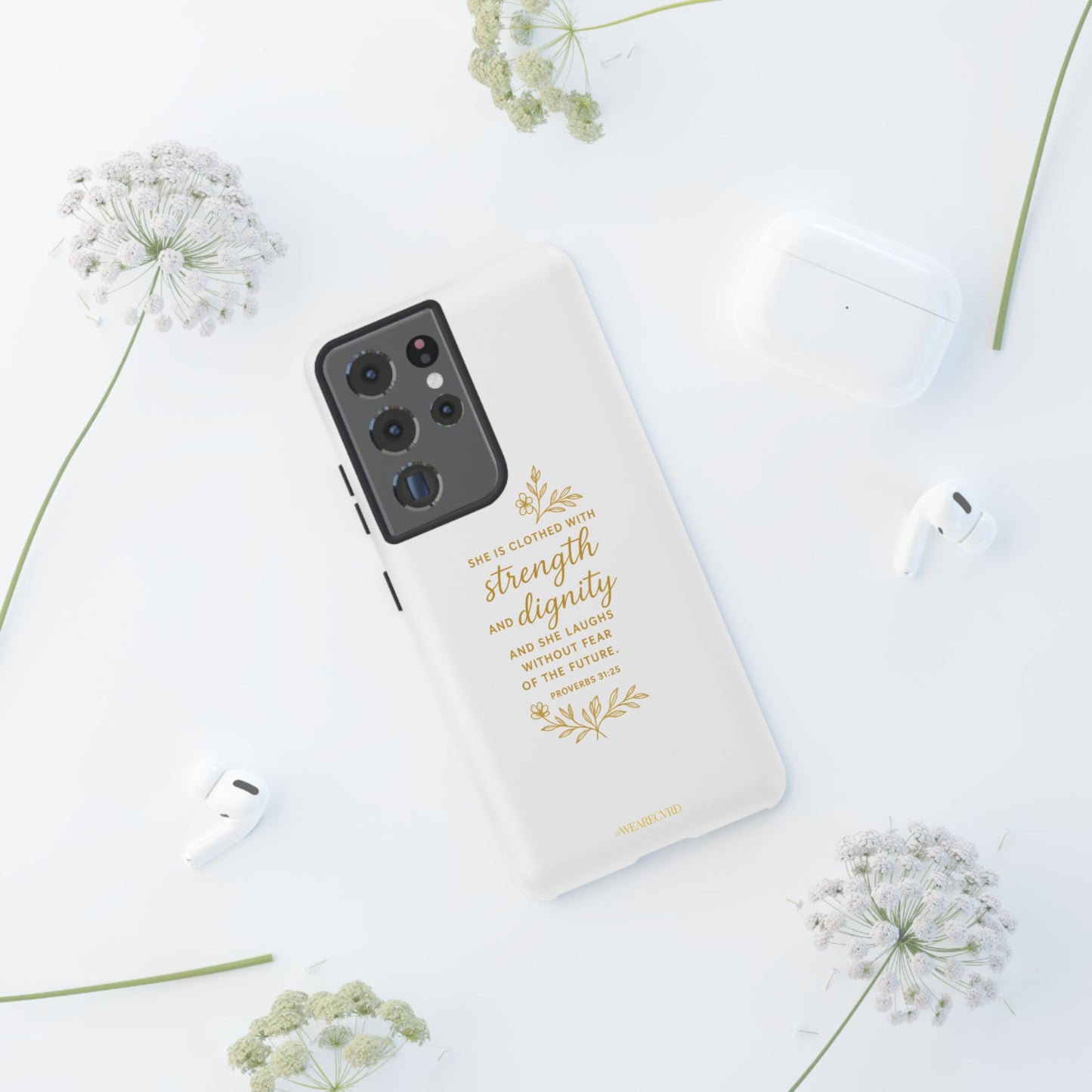 "Strength & Dignity" - White Phone Case (Proverbs 31:25)