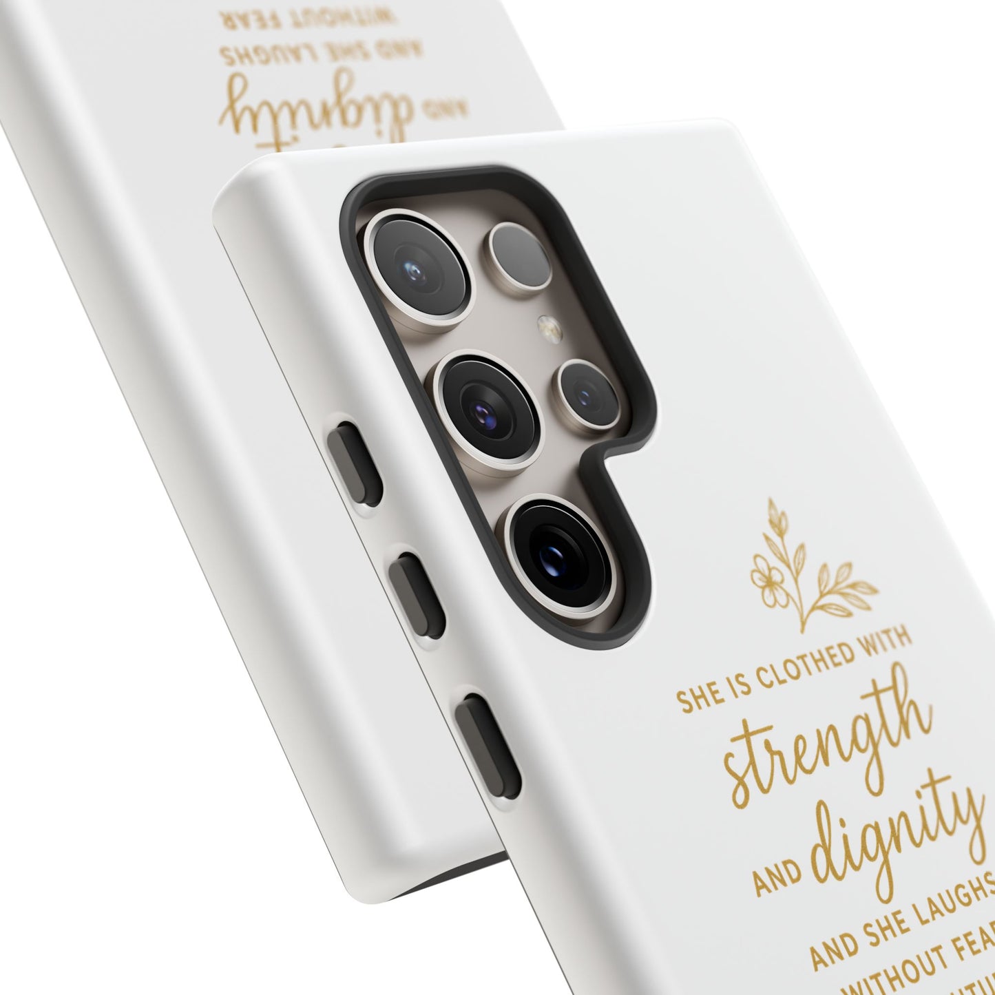 "Strength & Dignity" - White Phone Case (Proverbs 31:25)